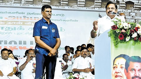 AIADMK general secretary Edappadi K Palaniswami addressing a public meeting at Periyakulam in Theni district on Sunday