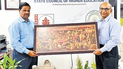 TGCHE Chairman Prof V Balakista Reddy calls on APSCHE Chairman Prof K Madhu Murthy in Mangalagiri on Sunday.