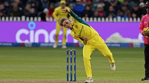 Australia's Cooper Connolly bowls during the 5th One Day International cricket match between England and Australia at The County Ground in Bristol, south-west England on September 29, 2024.