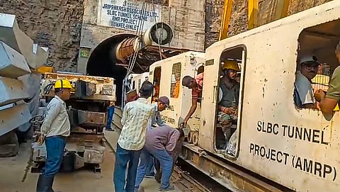 Emergency teams prepare for a rescue operation to trace workers trapped inside the partially collapsed Telangana's Srisailam Left Bank Canal tunnel, in Nagarkurnool, Telangana, Monday, March 3, 2025.