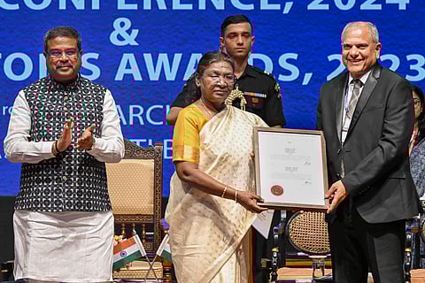 In the image provided by RB, President Droupadi Murmu attends the inauguration of the two-day Visitors Conference 2024-25 at Rashtrapati Bhavan, in New Delhi, Monday, March 3, 2025. Union Minister Dharmendra Pradhan is also seen.