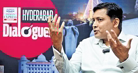 Prof Ramesh Kumar Mishra, cognitive scientist from University of Hyderabad, gestures during the Hyderabad Dialogues with TNIE team