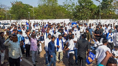 Tension erupts as students protest following an event hosted by Jai Bhim Organisation at the Utkal University Campus in Bhubaneswar
