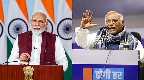 (L-R) Prime Minister Narendra Modi and Congress President Mallikarjun Kharge.