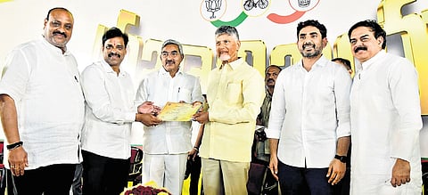 TDP supremo and Chief Minister Nara Chandrababu Naidu along with the newly elected MLCs during the celebrations at the party office on Tuesday