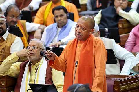 Uttar Pradesh Chief Minister Yogi Adityanath speaks in the House during the Budget session of state Assembly, in Lucknow.