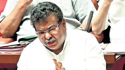 Industries Minister MB Patil makes a point in the House on Tuesday