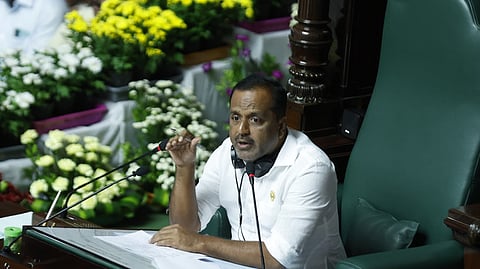 Speaker UT Khader addressing during an Assembly Session at Vidhana Soudha, in Bengaluru last month.