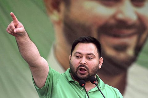 RJD leader Tejashwi Yadav addresses the Yuva Chaupal program, in Patna, Wednesday, March 5, 2025.