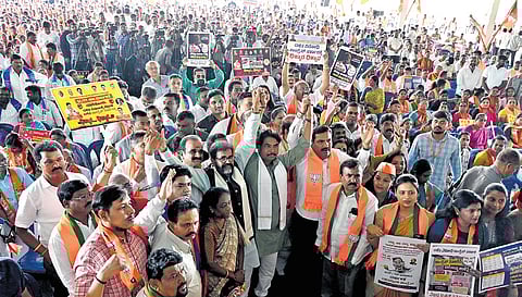 BJP state president BY Vijayendra, LoPs R Ashoka and Chalavadi Narayanaswamy, and others protest against the state government over its alleged misuse of SC/ST funds at Freedom Park in Bengaluru on Wednesday.