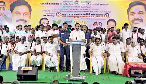AIADMK general secretary Edappadi K Palaniswami speaking at a party event in Athur, Salem district, on Tuesday.