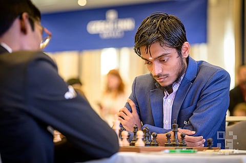 Aravindh Chithambaram during his game with Anish Giri at the Prague Masters chess tournament