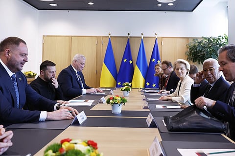 European Council President Antonio Costa, second right, and European Commission President Ursula von der Leyen, third right, meet with Ukraine President Volodymyr Zelenskyy, second left, during a round table meeting at an EU Summit in Brussels, Thursday, March 6, 2025.