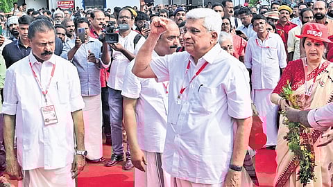 CPM politburo coordinator Prakash Karat raises his fist for the revolutionary salute at the party state conference in Kollam on Thursday.