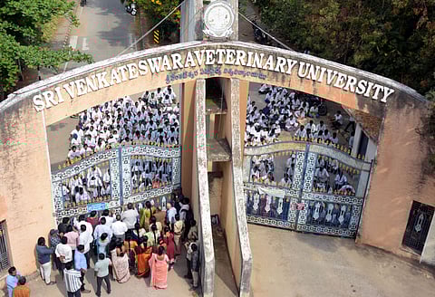 Veterinary Students staged a protest for stipends by locking hostel and main gate of SV Veterinary univeristy in Tirupati on Wednesday