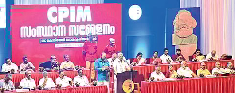 CPM politburo coordinator Prakash Karat inaugurating the delegate conference at the 24th CPM state conference at C Kesavan Memorial Hall in Kollam on Thursday. Industries Minister P Rajeeve is seen translating the speech.