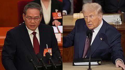 (L) Chinese Premier Li Qiang speaks during the National People's Congress in Beijing, March 5, 2025. (R) US President Donald Trump addresses a joint session of Congress in Washington, Tuesday, March 4, 2025.