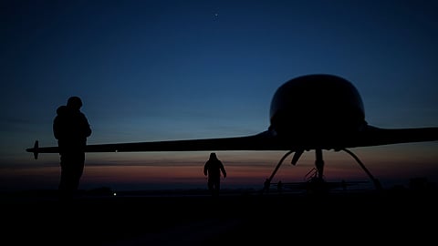 Ukrainian servicemen of the Defence Intelligence prepare to launch long-range drones An-196 Liutyi in an undisclosed location, Ukraine, Feb. 28, 2025.