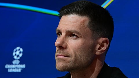 Bayer Leverkusen's head coach Xabi Alonso looks on during a press conference on the eve of the UEFA Champions League Last 16, first-leg, football match between FC Bayern Munich v Bayer 04 Leverkusen on March 4, 2025 in Munich, southern Germany.