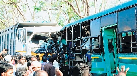 The lorry crashed into the bus near Tiruttani on Friday afternoon