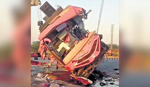 Four people were killed and 21 people injured when the Kakinada-bound private travel bus dashed the cement-laden lorry near Eluru on Thursday morning.