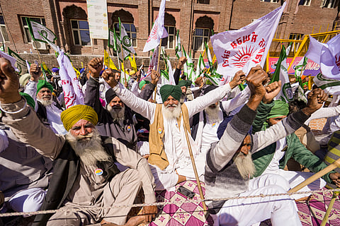 Members of Samyukta Kisan Morcha stage a protest against Punjab Chief Minister Bhagwant Mann-led government, in Amritsar, Wednesday, March 5, 2025.