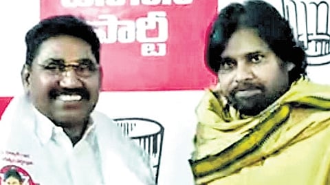 Former YSRCP MLA Pendem Dorababu with Deputy Chief Minister Pawan Kalyan
