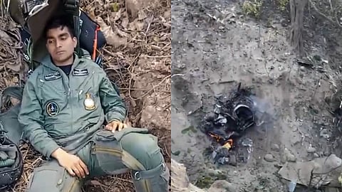 (L) Pilot of a Jaguar aircraft of the Indian Air Force (IAF) that crashed, in Panchkula district, Haryana, Friday, March 7, 2025. Pilot ejected safely. (R) Wreckage of the aircraft