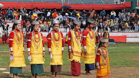 In this April 15, 2019, photo, young girls and boys from Khasi and Jaintia Hills join the final day of 'Ka Shad Suk Mynsiem', the Khasi community’s annual thanksgiving dance, at Weiking Ground, Shillong.