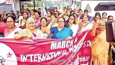 The Women’s Day rally taken out by the All-India Democratic Women’s Association in Kollam on Saturday. Senior leaders at CPM state conference led the rally