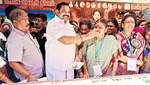 Edappadi K Palaniswami celebrates International Women’s Day with women cadre at the AIADMK headquarters in Royapettah on Saturday