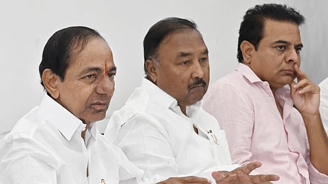 BRS party chief K Chandrashekar Rao speaks at a preparatory meeting held at his residence in Erravelli in connection with the partys silver jubilee celebrations.