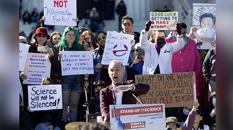 US TV presenter and former mechanical engineer Bill Nye, "The Science Guy," speaks as demonstrators take part in a "Stand Up For Science" rally at the Lincoln Memorial in Washington, DC, on March 7, 2025.