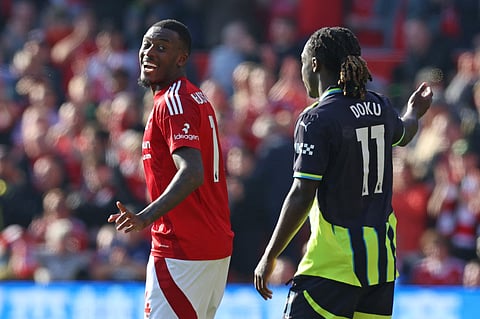 Nottingham Forest's English midfielder Callum Hudson-Odoi (L) reacts after scoring the opening goal of the English Premier League football match against Manchester City (Photo | AFP)
