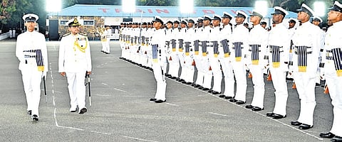 Vice admiral V Srinivas reviewing the passing out parade at INS Chilka on Friday