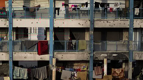 Displaced Palestinians lives in a school run by UNRWA, the U.N. agency helping Palestinian refugees, west of Gaza City.