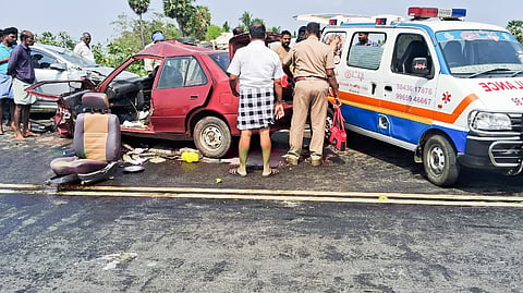 A road accident involving two cars and a load vehicle claimed the lives of three people near Namanasamudram on the Tiruchy- Karaikudi highway on Saturday.
