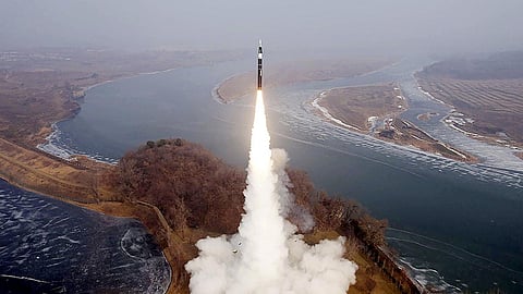 This photo provided by the North Korean government, shows what it says a test fire of new type intermediate-range hypersonic ballistic missile. Image used for representative purposes only.