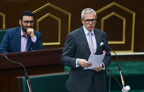 J&K Chief Minister Omar Abdullah addresses during the Budget session of the J&K Assembly, in Jammu, Monday, March 10, 2025.
