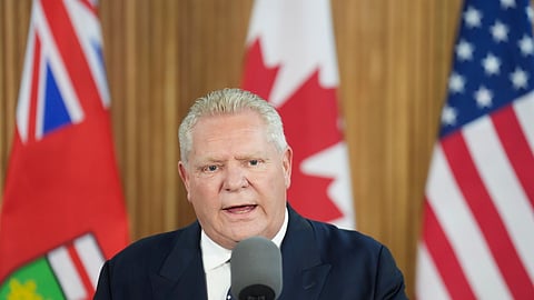 Ontario Premier Doug Ford holds a news conference regarding the new tariffs that the United States has placed on Canada, at Queen's Park in Toronto on Tuesday.