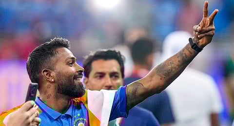 Hardik Pandya celebrates their win against New Zealand in the ICC Champions Trophy 2025 final cricket match, in Dubai, UAE, Sunday, March 9, 2025.