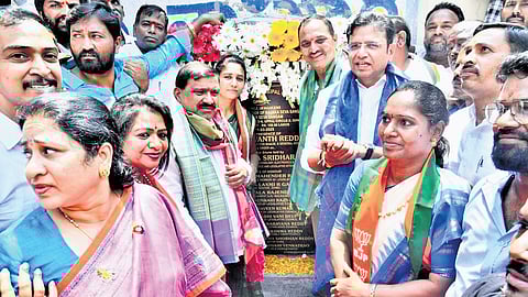 IT & Industries Minister D Sridhar Babu during the foundation stone laying for development works worth Rs 43.27 crore in the Uppal and Ramanthapur divisions of the Uppal constituency on Tuesday