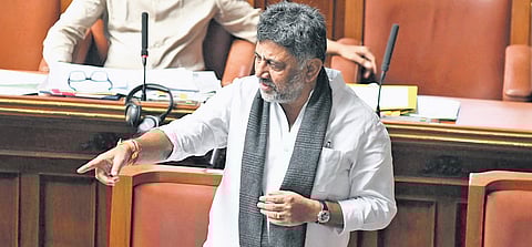 Deputy Chief Minister DK Shivakumar addresses the Assembly at Vidhana Soudha in Bengaluru on Tuesday.