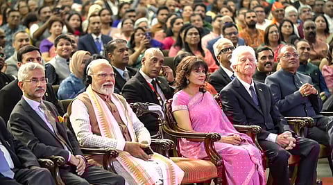 Prime Minister Narendra Modi with External Affairs Minister S Jaishankar and Mauritius Prime Minister Navin Ramgoolam's wife Veena Ramgoolam during a community programme in Mauritius (Photo | PTI)