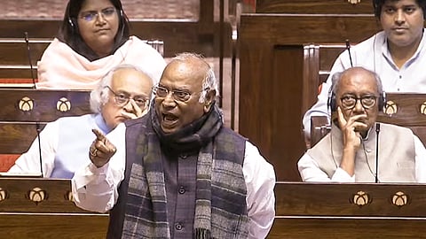 LoP in the Rajya Sabha Mallikarjun Kharge speaks in the House during the Budget session of Parliament in New Delhi, Tuesday, March 11, 2025.