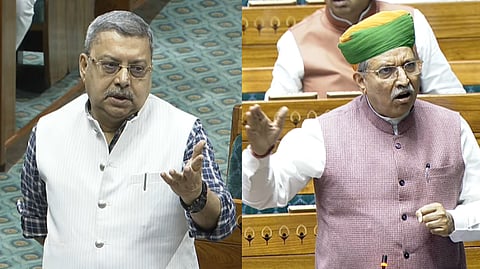 A collage of TMC MP Kalyan Banerjee (L) and Union Minister Arjun Ram Meghwal (R) in the Lok Sabha during Question Hour in the ongoing Budget session of Parliament on Tuesday, March 11, 2025.
