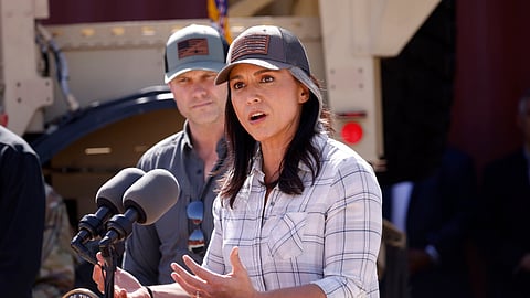 In this photo from Mar. 5, 2025, US Director of National Intelligence Tulsi Gabbard speaks during a news conference at Shelby Park, in Eagle Pass, Texas.