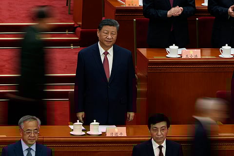 Chinese President Xi Jinping arrives for the closing ceremony of the Chinese People's Political Consultative Conference held at the Great Hall of the People in Beijing, Monday, March 10, 2025.