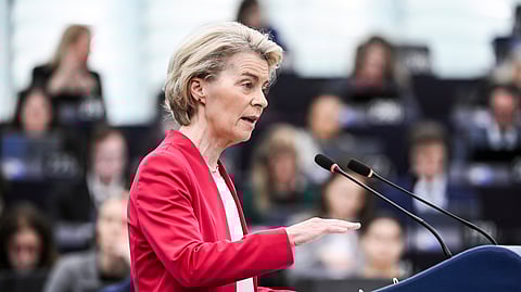 European Commission president Ursula von der Leyen addresses European Parliament members on new plans to ramp up defense spending agreed at last week's summit, Tuesday, March 11, 2025, at the European Parliament in Strasbourg, eastern France.