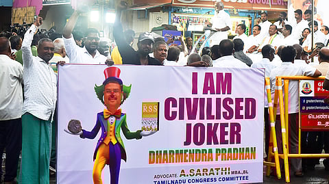 Selvaperunthagai, president of Tamil Nadu Congress Committee, along with his party workers, demonstrated and protested against Union Minister Dharmendra Pradhan over his remarks against Tamil Nadu and its MPs at MKG Nagar Vyasarpadi in Chennai.